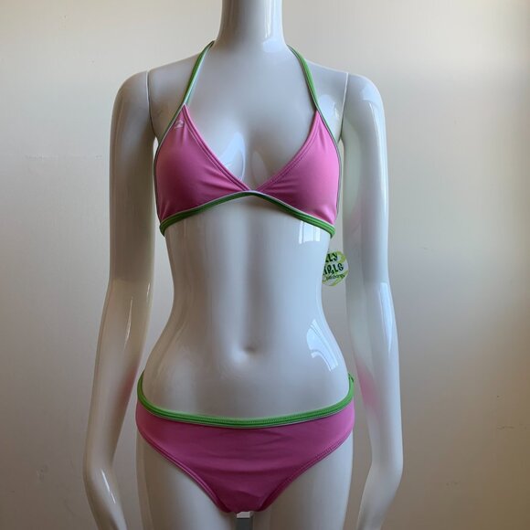 Billabong Girls swimwear pink & green triangle top logo bikini - Picture 1 of 5